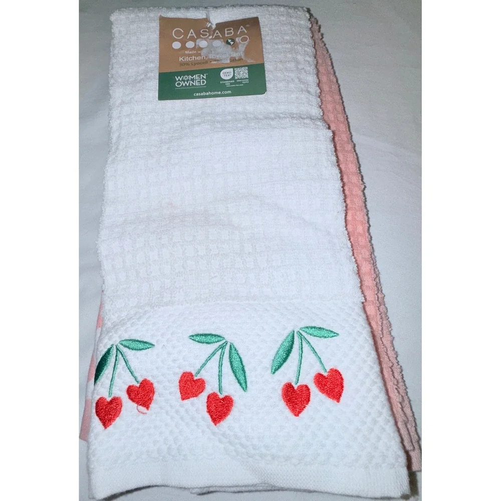 Casaba‎ Kitchen Towel Set Unisex OS White Pink NEW Heart Cherry Embroidered 2pk